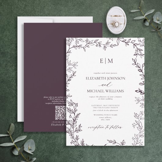 Invitation QR Code Feuille Plum Purple Élégant Mariage Monogr