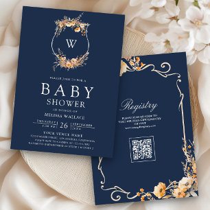 Invitation QR Code Fleurs Sauvages d'Automne Bleu Marine Baby