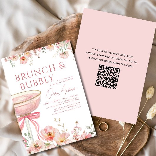 Invitation QR Code Floral Brunch et Fête des mariées Bubbly