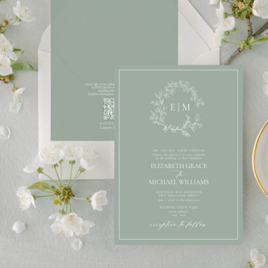 Invitation QR Code Formal Sage Vert Poirier Monogramme