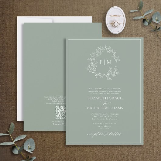 Invitation QR Code Formal Sage Vert Poirier Monogramme