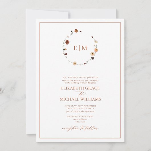 Invitation QR Code Formellement Brûlé Orange Floral Crest Mon (Devant)