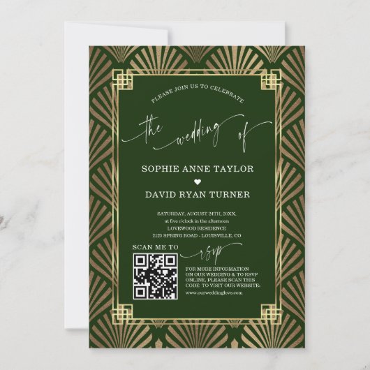 Invitation QR Code Gold Dark Green Art Déco Mariage (Devant)