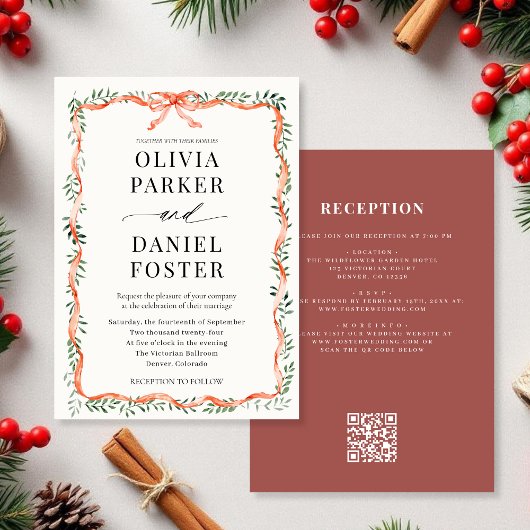 Invitation QR Code Greenery Red Ribbon & Bow Wedding