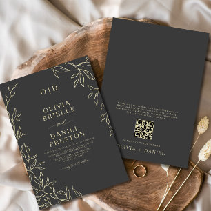 Invitation QR Code Gris de Charbon et Mariage de feuille mini