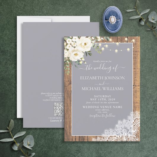 Invitation QR Code Gris Rustique Mariage de script en dentell