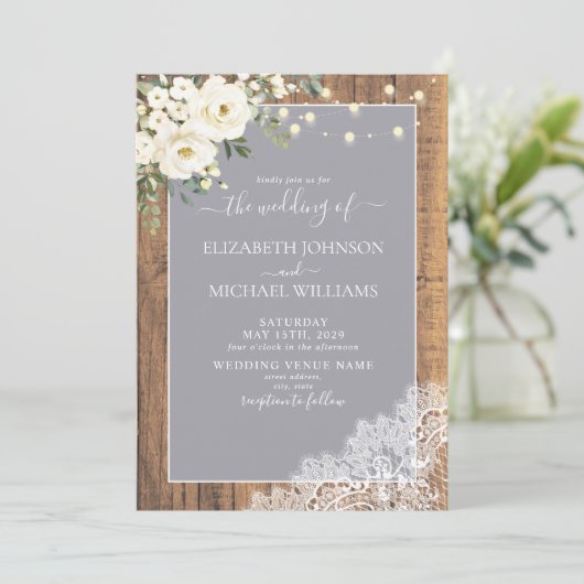 Invitation QR Code Gris Rustique Mariage de script en dentell (Debout devant)