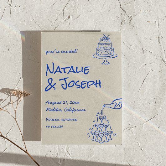 Invitation QR Code Hand Drawn Blue Cake Bows Unique Wedding 