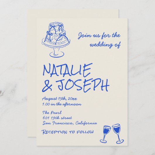 Invitation QR Code Hand Drawn Blue Cake Bows Unique Wedding  (Devant / Derrière)