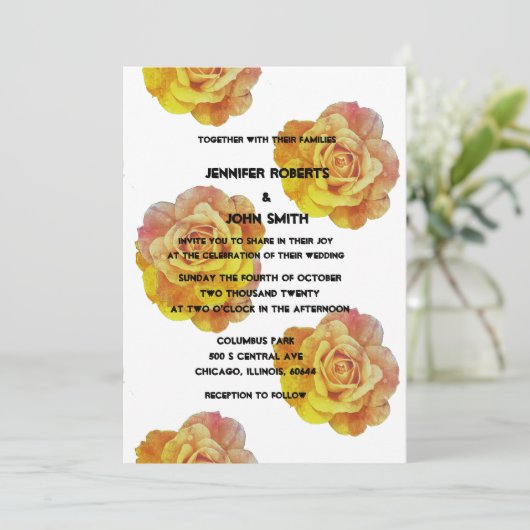 Invitation QR Code Jaune Orange Floral Rose Mariage Boho (Debout devant)