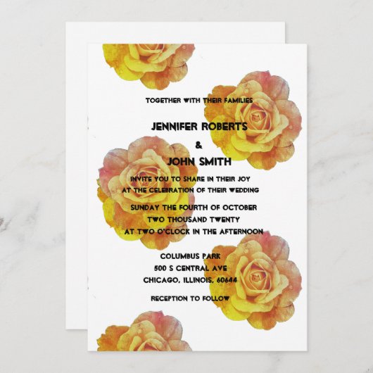 Invitation QR Code Jaune Orange Floral Rose Mariage Boho (Devant / Derrière)