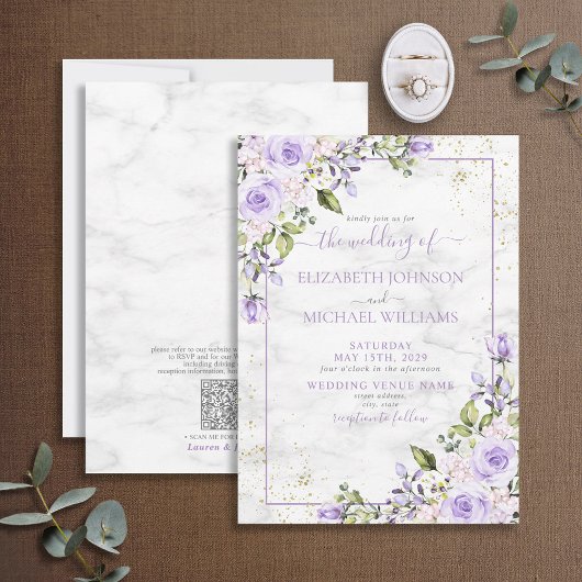 Invitation QR Code Lilac Lavender Gold Marble Floral Mariage
