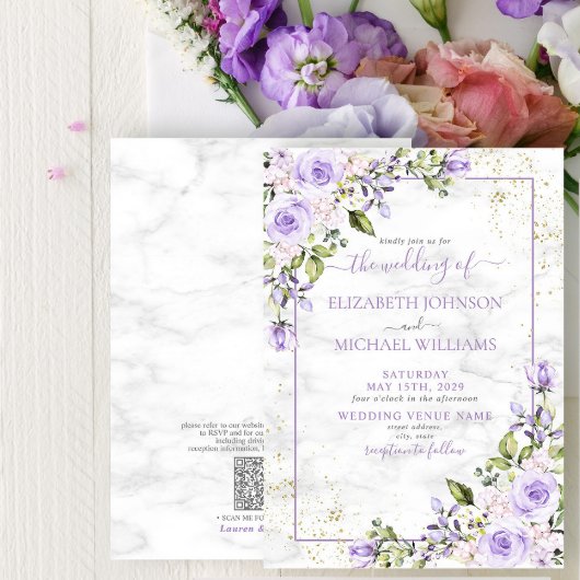 Invitation QR Code Lilac Lavender Gold Marble Floral Mariage
