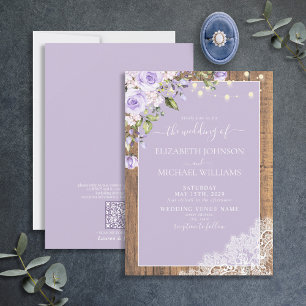 Invitation QR Code Lilac Lavender Mariage de dentelle en bois