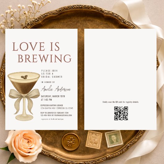 Invitation QR Code Love is Brewing Martini Bridal Shower
