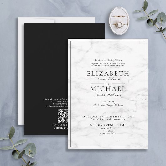 Invitation QR Code Marbre noir blanc Mariage de script classi