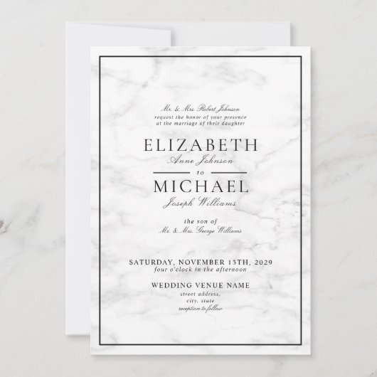 Invitation QR Code Marbre noir blanc Mariage de script classi (Devant)
