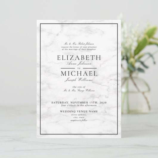 Invitation QR Code Marbre noir blanc Mariage de script classi (Debout devant)