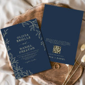 Invitation QR Code Marine bleu et or minimal Mariage feuille