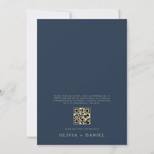 Invitation QR Code Marine bleu et or minimal Mariage feuille (Dos)