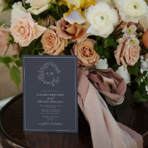 Invitation QR Code Marine Blue Leafy Crest Monogram Mariage