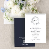 Invitation QR Code Marine Blue Leafy Crest Monogram Mariage