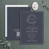 Invitation QR Code Marine Blue Leafy Crest Monogram Mariage