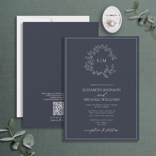Invitation QR Code Marine Blue Leafy Crest Monogram Mariage