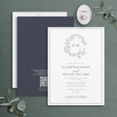 Invitation QR Code Marine Blue Leafy Crest Monogram Mariage