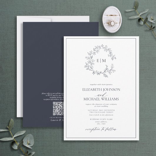 Invitation QR Code Marine Blue Leafy Crest Monogram Mariage