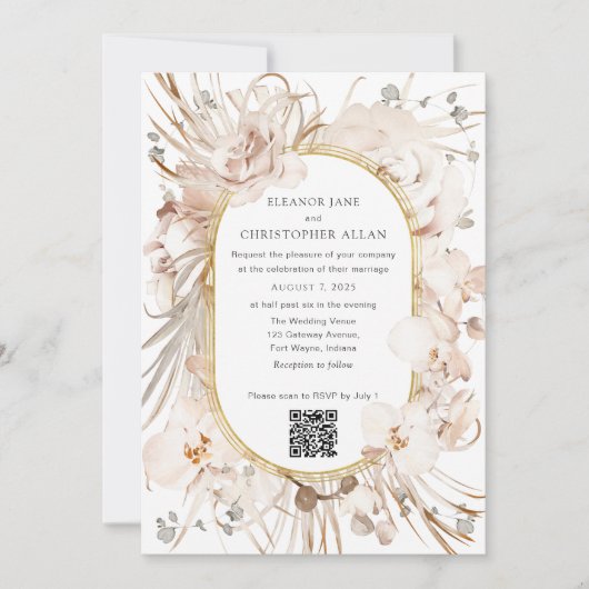 Invitation QR code moderne beige floral jardin mariage (Devant)