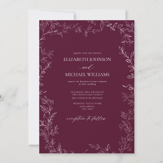 Invitation QR Code Moderne Bourgogne Mariage minimum feuille (Devant)