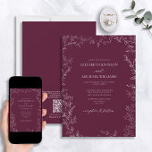 Invitation QR Code Moderne Bourgogne Mariage minimum feuille