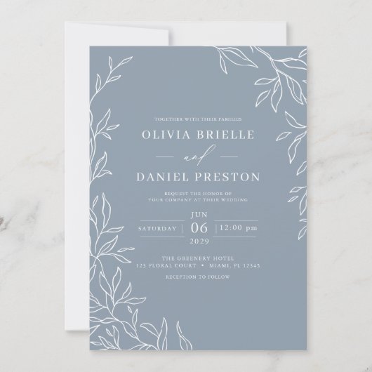 Invitation QR Code Moderne Dusty Bleu Minimal Mariage feuille (Devant)