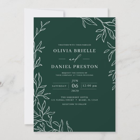 Invitation QR Code moderne Emerald vert minima Mariage feuill (Devant)