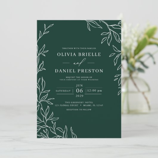 Invitation QR Code moderne Emerald vert minima Mariage feuill (Debout devant)