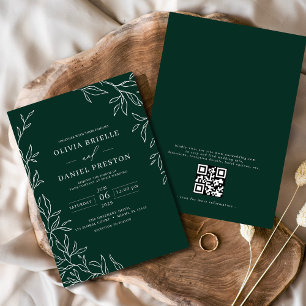 Invitation QR Code moderne Emerald vert minima Mariage feuill