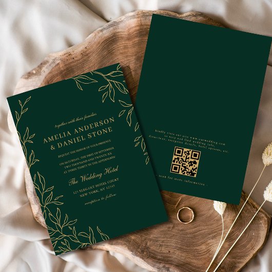 Invitation QR Code moderne Emerald vert minima Mariage feuill