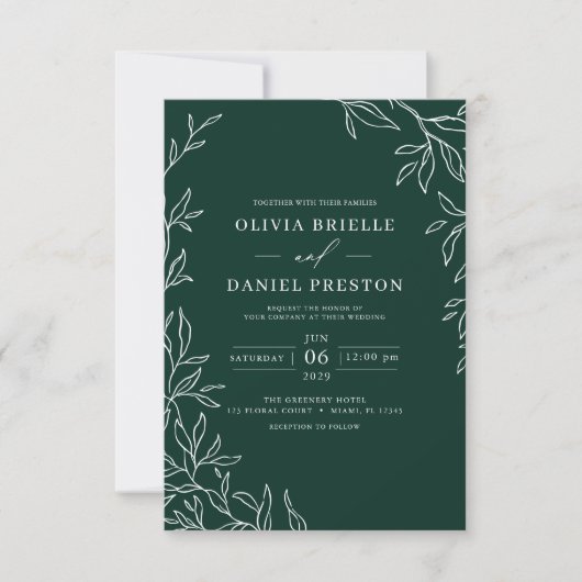 Invitation QR Code moderne Emerald vert minima Mariage feuill (Devant)