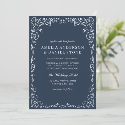 Invitation QR Code Moderne Marine Bleu Minimal Mariage (Debout devant)