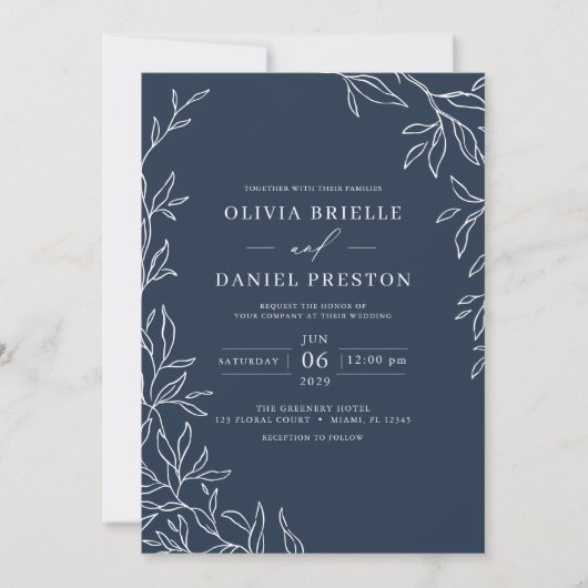 Invitation QR Code Moderne Marine Bleu Minimal Mariage feuill (Devant)