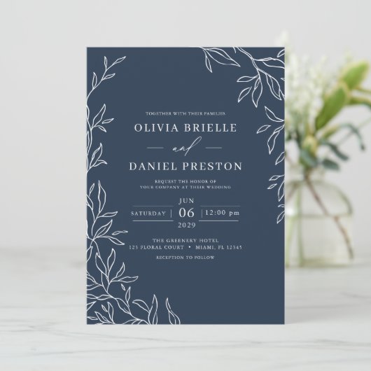 Invitation QR Code Moderne Marine Bleu Minimal Mariage feuill (Debout devant)
