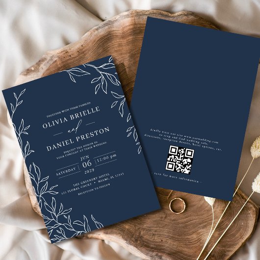 Invitation QR Code Moderne Marine Bleu Minimal Mariage feuill