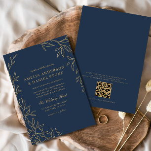 Invitation QR Code Moderne Marine Bleu Or Minimal Mariage