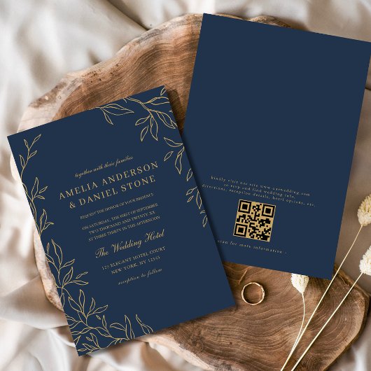 Invitation QR Code Moderne Marine Bleu Or Minimal Mariage