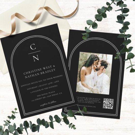 Invitation QR Code Moderne Monogramme Mariage Arche