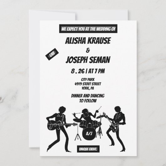 Invitation QR Code Moderne Noir et avec Mariage de musique (Devant)