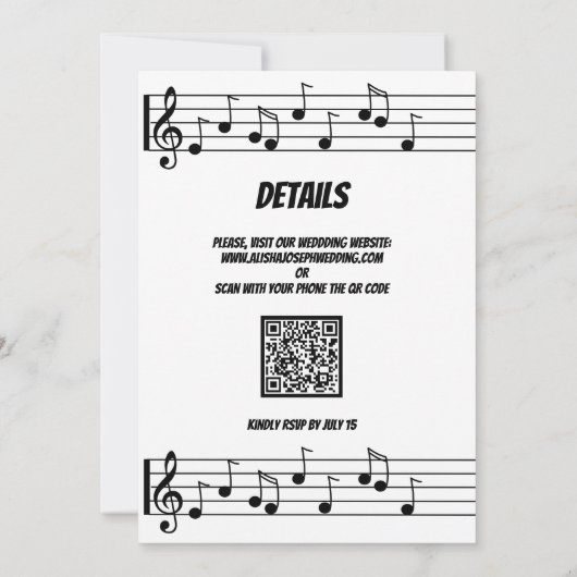 Invitation QR Code Moderne Noir et avec Mariage de musique (Dos)
