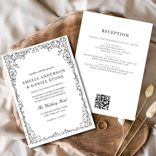 Invitation QR Code moderne noir et blanc Mariage minimal