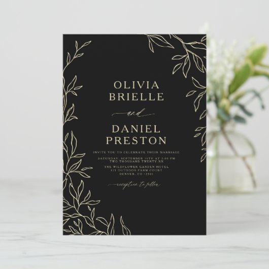 Invitation QR Code Moderne Noir & Or Minimal Mariage feuille (Debout devant)